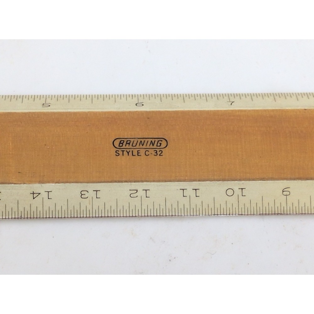 Rare Vtg BRUNING 18" Style C-32 Wooden Drafting Ruler Full & Half Size 1/32"